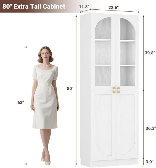Cyclysio 80" Kitchen Pantry, Tall Arch Storage Cabinet with Tempered Glass & Soft Close Doors, Freestanding Wood Floor Cupboard Bookcase with Seamless Fit Wall for Dining Room, Living Room, Bathroom
