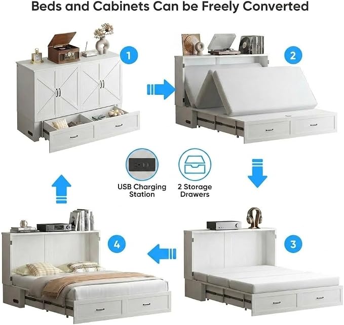 PUREMIND Murphy Bed Queen with Mattress Included, Crisscross Frame Cabinet Beds Chest with Charging Station & Storage Drawers, Convertible Hideaway Cabinet Bed for Guest Room, Small Spaces, White