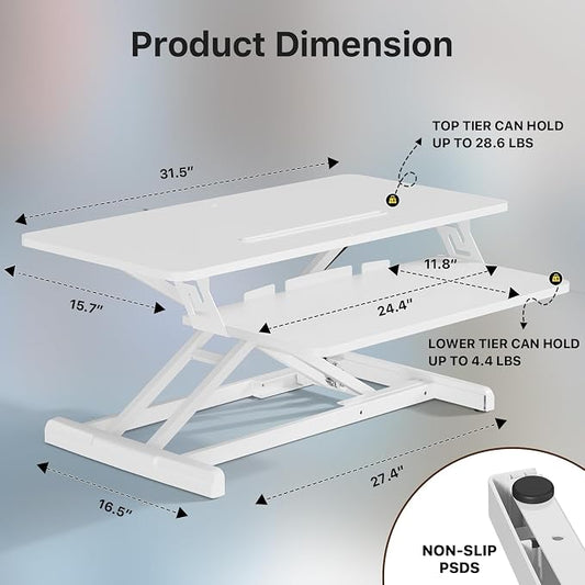 JOY worker Standing Desk Converter, 32" Wide Height Adjustable Sit Stand Up Desk Riser with Keyboard Tray, Desktop Workstation Riser for Home Office Computer Laptop, Particle Board, White