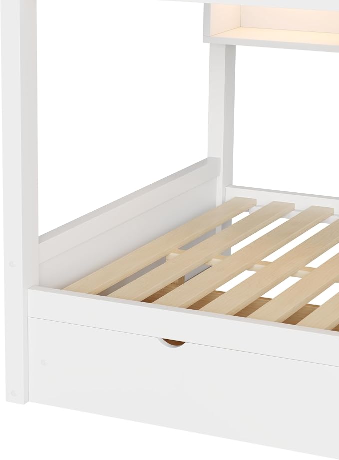 Wood Bunk Bed Full XL over Full XL Size with Built-in Storage Cabinets, 2 Drawers and LED Light, Versatile Bunk Bed Frame with Ladder and Guardrail for Kids Teens Adult, Maximize Space (White-1.13)