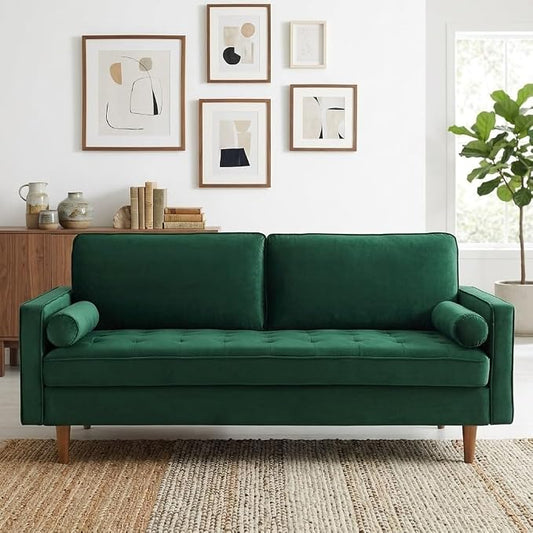 Container Furniture Direct Womble 70 Inch Velvet Sofa with Elegant Button Tufted Upholstery, Square Arms, Splayed Wood Legs, Includes Matching Bolster Pillows, Green