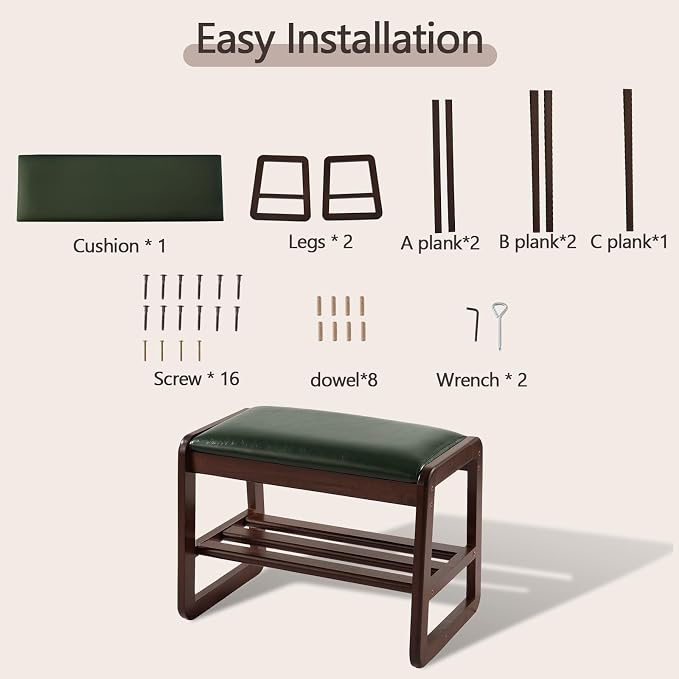 Achicsofar Small Shoe Rack Bench,2 Tier Solid Wooden Entryway Bench(Green) | with Shoe Storage, Shoe Rack with Cushion, for Living Room, Hallway, Garage, 11.8"D x 21.6"W x 16.5"H