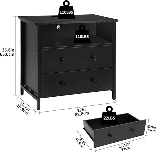 27 Inch LED Nightstand with Charging Station, 2 Drawers, Black | Solid Wood and Steel Frame, 2 AC Outlets, 2 USB Ports, RGB App Control, Open Storage, Adjustable Feet, for Bedroom or Office