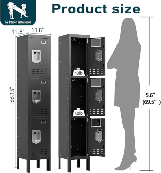 BUTISOW Metal Lockers - 66" Height Steel Lockers for Employees with 3 Door Storage Locker with Card Slot for Employees Gym School Home Office Garage - Assembly Required