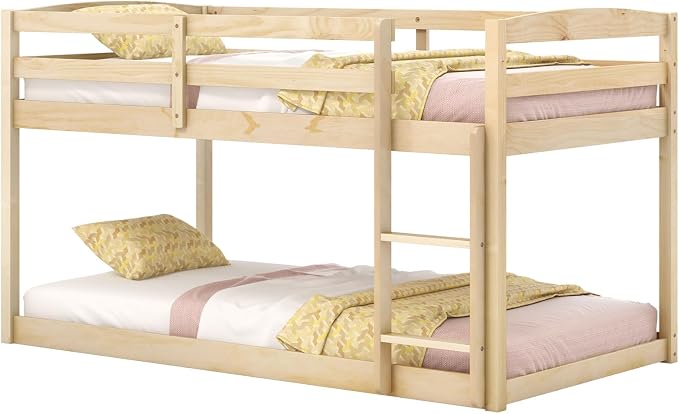 Giantex Twin Low Bunk Bed, Solid Wood Twin Over Twin Bunk Bed Frame with Full Guardrails & Integrated Ladder, Floor Twin Bunk Beds for Kids Boys and Girls, No Box Spring Needed, Natural