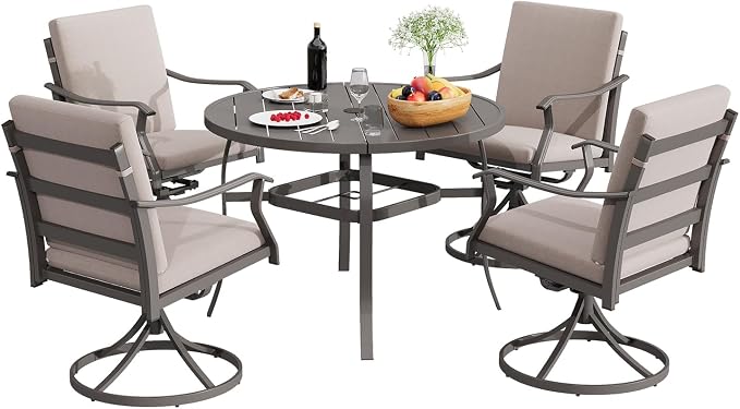 EROMMY 5-Piece Outdoor Patio Dining Set, 4 Swivel Chairs with Removable Cushions & Round Metal Table with Umbrella Hole, All-Weather Furniture for Backyard, Garden and Deck