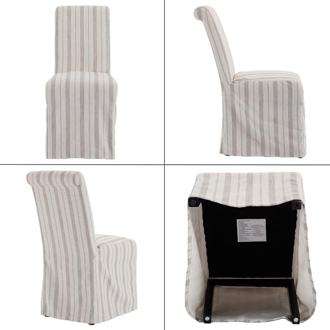 chairus Slipcovered Parsons Dining Chairs Set of 4, Upholstered Dining Room Chairs with Removable Linen Cover & High Back, Modern Farmhouse Wooden Side Kitchen Chairs, Khaki Stripe