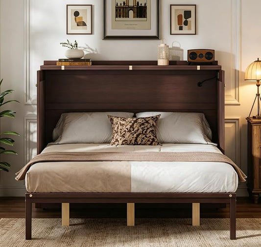 Bellemave Queen Murphy Bed with Charging Station and Storage, Farmhouse Murphy bedframe with Foldable Panel, Noisy Free, for Guest Bedroom, Living Room, Coffee