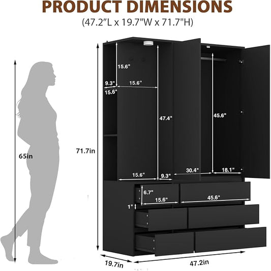 Black Wardrobe Closet with Mirror and LED Light, Armoire Wardrobe with 6 Drawers, Hanging Rod, Open Shelves, Freestanding Bedroom Storage Cabinet