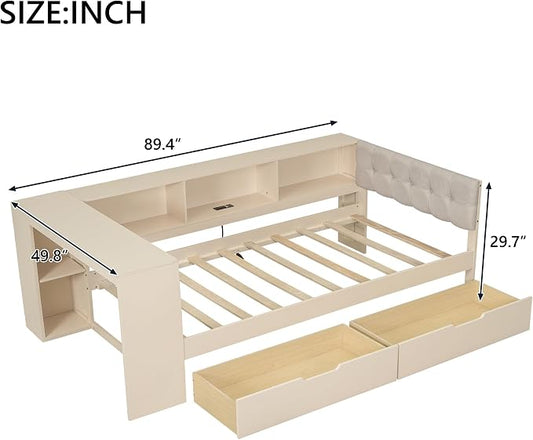 Bellemave Twin Size Corner Bed Frame with Storage Drawers and Desk,Captain Daybed with L-Shaped Bookcase,Corner Bed Frame Twin Size with Charging Station for Kids,Teens,Guests,Cream