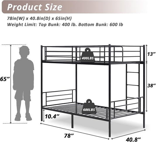 Karl home Metal Bunk Bed Twin Over Twin with Built-in Ladder, Black | Heavy Duty Bunkbeds with Safety Guardrail and Space-Saving Design,Twin Bunk Beds for Kids, Teens & Adults, No Box Spring