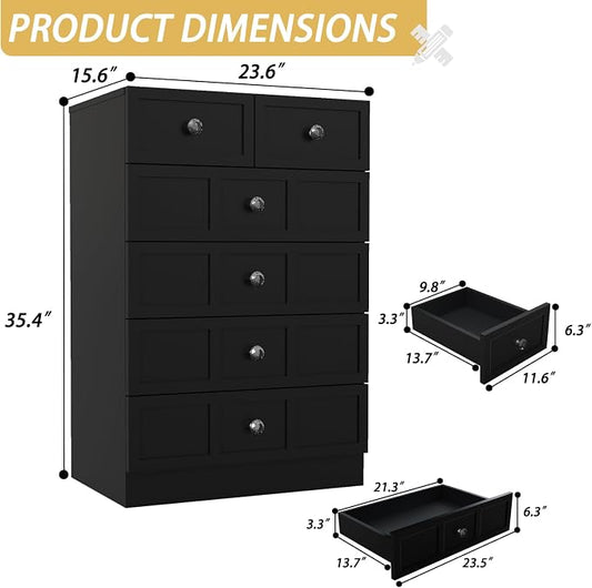 6 Drawer Dresser for Bedroom: 24" Black Chest of Drawers with Deep Drawers, Tall Fluted Dresser with Storage, Modern Wood Dressers for Bedroom, Living Room