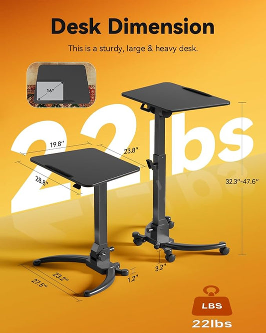 JOY worker Foldable Mobile Standing Desk, Upgraded Height Adjustable Rolling Desk, Max Height 47.6", 90° Tiltable Board & Base, Portable Workstation with Moveable Wheels, Holds Up to 22lbs, Black