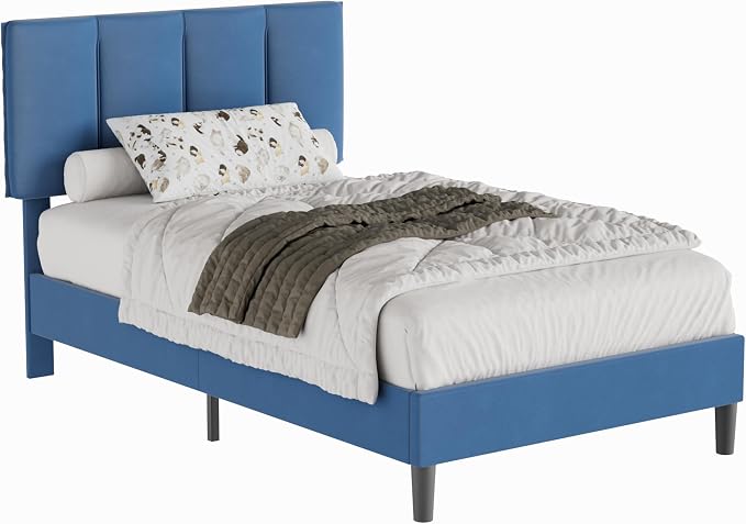 VECELO Twin Size Bed Frame with Upholstered Headboard, Heavy-Duty Bedframe with Wooden Slats & Steel Framework, Easy Assembly, Dark Blue