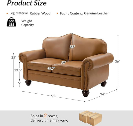 60" Wide Genuine Leather Chesterfield Loveseat, 2 Seat Leather Sofa with Rolled Arms, Nailhead Trim for Living Room Furniture, Easy Assembly – Camel