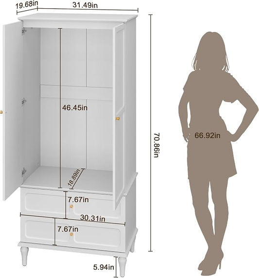 HLR 71" Mid-Century Modern Armoire Wardrobe Closet with Doors and Drawers,Wooden Armoire Storage Cabinet with Hanging Rod for Bedroom,Large Capacity Storage,White