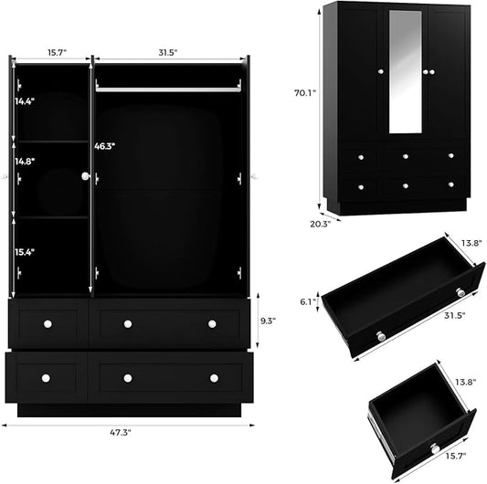 VOWNER Wardrobe Closet with 3 Doors Bedroom Armoire with Mirror & 4 Drawers | Large Capacity Storage Closet with LED Light and Hanging Rod for Bedroom, Black 47" L