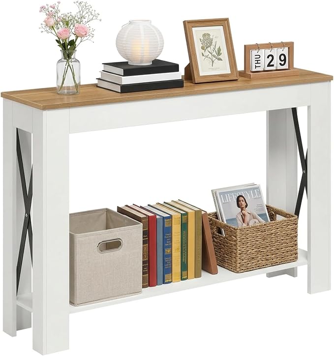 YATINEY Farmhouse Console Table, 39.4'' Small Narrow Entryway Table, Wood Couch Table Behind Sofa with Storage Shelf, Slim Farmhouse Hallway Table for Hallway, Foyer, White & Light Walnut CT34WV