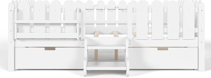 Bellemave Queen Size Montessori Bed with Stairs, Lights, Rails and Slats, Queen Size Montessori Floor Bed with Bookshelf and 2 Storage Drawers, Easy Assemble Beds Frame for Girls, Boys, White