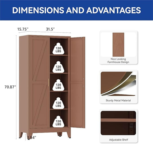 COFaR 71'' Tall Metal Storage Cabinet, Farmhouse Kitchen Pantry Cabinet with Doors and 4 Adjustable Shelves, Brown Metal Cabinets for Garage, Kitchen, Bathroom, Laundry, 5-Tier