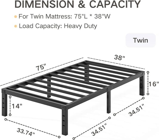 Twin Size Bed Frame 16" Tall Heavy Duty, Metal Platform Bed Frame,Sturdy Steel Frame,No Box Spring Needed,Noise-Free,Easy Assembly