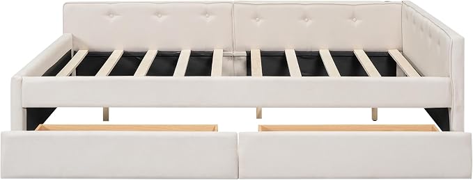 Ball & Cast Queen Size Daybed with Storage Drawers,Linen Upholstered Bed Frame with Button Tufted Backrest and Armrests,L Shaped Day Bed with USB Port,Solid Wood Slats Support,Beige