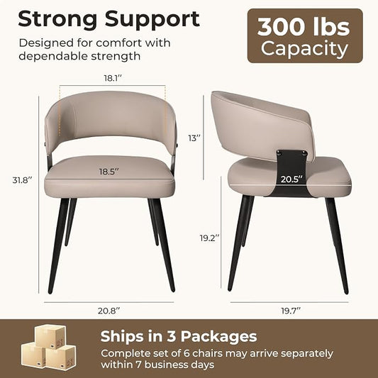 Dining Chairs Set of 6, Modern Upholstered Faux Leather Kitchen Chairs with Curved Back, Easy to Assemble & Clean for Dining Room, Restaurant, Cafe, Warm Gray