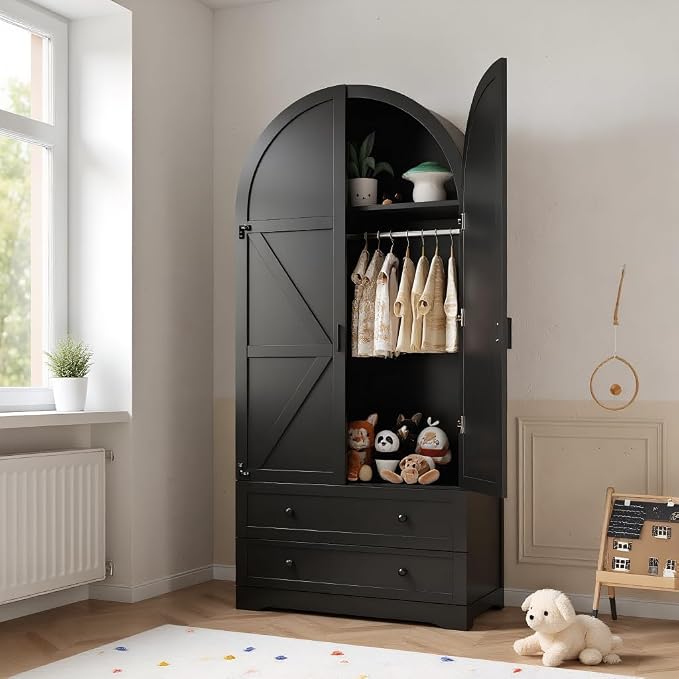 Black Armoire Wardrobe Closet,Wooden Wardrobe with 2 Doors and 2 Drawers,Bedroom Freestanding Armoire Storage Cabinet with Hanging Rack,Wardrobe Storage with with Hanging Rod for Bedroom, Cloak Room