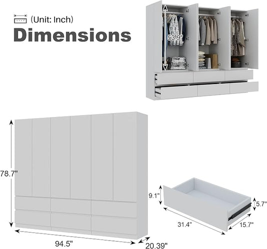 Mekminop White Armoire Wardrobe Closet with Large Capacity, 78.74" Tall Bedroom Armoire, Wooden Wardrobe Cabinet with 2 Drawers, Storage Shelves and Hanging Rod (3)