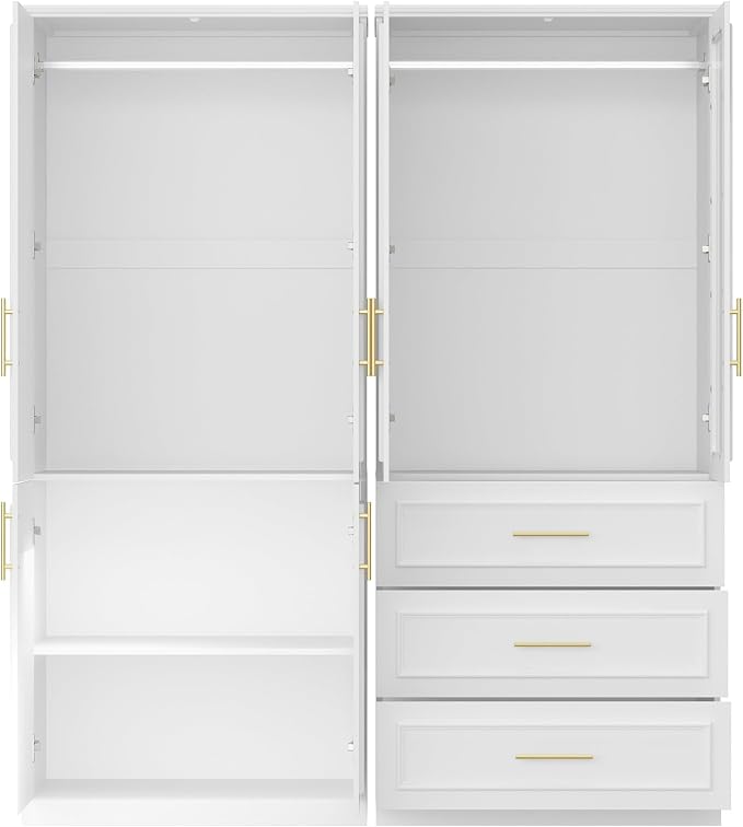 Timechee Almirah for Clothes Combination, White Wardrobe Closet Bedroom Storage Cabinets with Tempered Glass Doors and Shelves, Armoire with Drawers, Large Standing Wardrobe Storage Closet for Bedroom