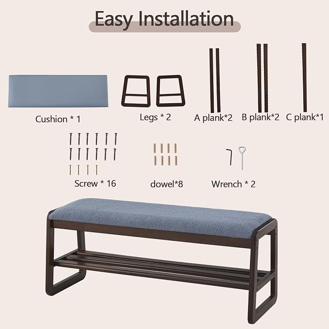 Achicsofar Shoe Rack Bench,2 Tier Solid Wooden Entryway Bench with Shoe Storage, Shoe Rack with Cushion for Living Room, Hallway(Grayish Blue, 39.4")