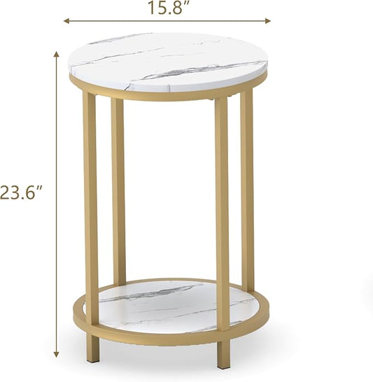 WiberWi Round Side Table, Modern Nightstand End Table with Gold Metal Frame &Faux Marble Top, Accent Bedside Table for Living Room Bedroom Small Spaces with Storage Open Shelf, White
