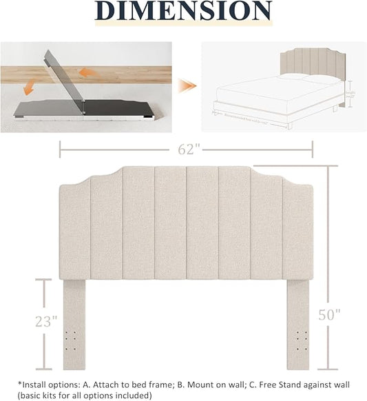 Befurtori Queen Size Headboard Only, Linen Wall Mounted Headboard Queen/Full Size for Adjustable Bed, Modern Vertical Channel Design with Curved Tufted Upholstered Head Board, Beige