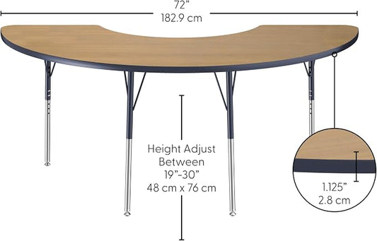 FDP Half Moon (36 x 72) Classroom Teacher Table with Adjustable Standard Swivel Glide Legs (19-30 in) School and Office Furniture - Pasadena Oak Top/Navy Edge and Legs