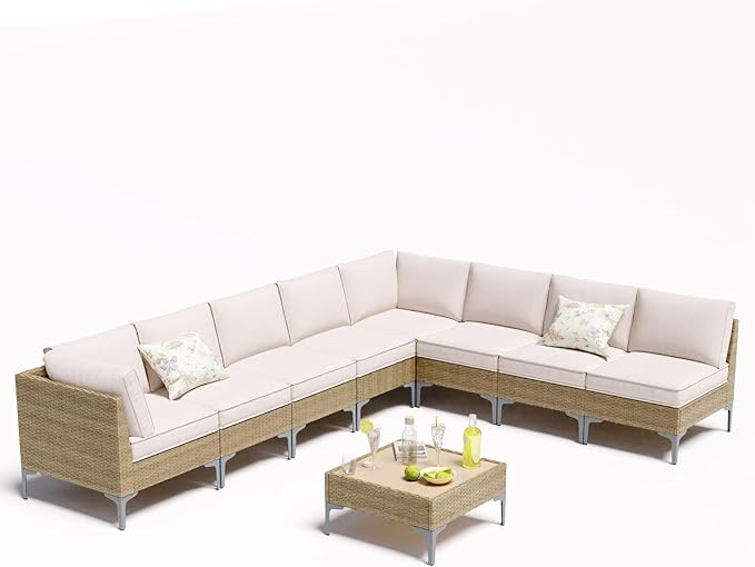 JOYURE 9 Piece Wicker Patio Furniture Set,Outdoor Conversation Sectional Sofa w/Coffee Table,All-Weather Outdoor Sofa with Thick and Anti-Slip Cushions for Deck,Poolside,Garden,Beige