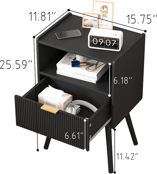 JOONEE Black Nightstand,Modern Bedside Table with Storage Drawer and Open Wood Shelf, for Living Room, Bedroom and Small Spaces, Accent Night Stand with Solid Wood Legs, Easy Assembly,Classic Black