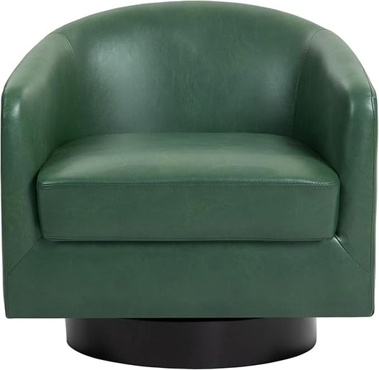 Faux Leather Swivel Barrel Accent Chairs Set of 2, Comfy Club Chair Upholstered Round Armchair for Lving Room, Green