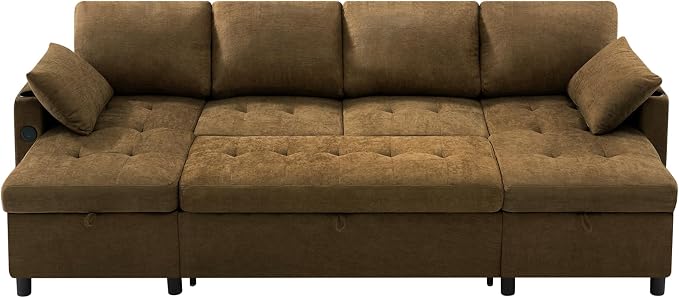 110" U-Shape Reversible Sectional Sofa Bed w/USB Port, Light Brown | Upholstered Sleeper Couch w/Adjustable Backrest and Storage Chaises, Chenille Modern Sofa w/Pull-Out Bed for Living Room