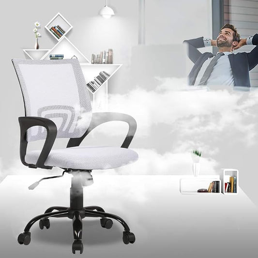 BestOffice Office Chair Mid Back Desk Chair1 Ergonomic Mesh Computer Gaming with Larger Seat, Executive Height Adjustable Swivel Task with Lumbar Support Armrest for Women Adults Women, Men White