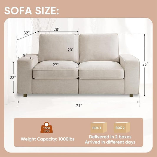 Waxberry 71" Chenille Loveseat Sofa Couch for Living Room with Seat Storage, Modern 2-Seater Deep Seat Sofa with Side Pockets & Type-C/USB Ports, Detachable Backrest for Office, Apartment (Beige)