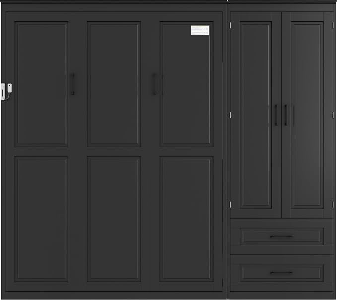 Merax Farmhouse Multi-Functional Murphy Bed with Wardrobe & Drawers,Black | Queen Size Solid Wood Foldable Wall Bed with Upholstered Headboard / No Box Spring Needed / Space Saving