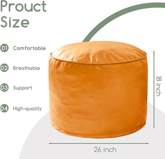 HIGOGOGO Round Stuffed Pouf Ottoman, Pu Leather Poufs with Foam Chunk Filling, Furry and Fluffy Pouf Foot Stool Storage Ottoman, 26 X 18 Floor Poufs Foot Rest for Living Room, Orange