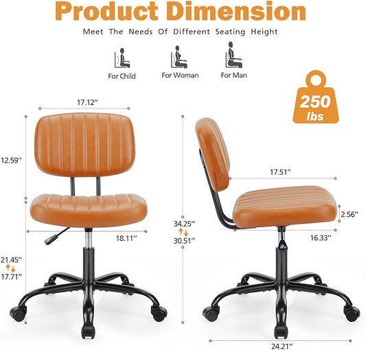 Sweetcrispy Small Office Desk Chair, Armless PU Leather with Comfy Lumbar Support, Height Adjustable Rolling Swivel Task for No Arms, for Adult, Student, Bedroom, Home, Vanity, Brown