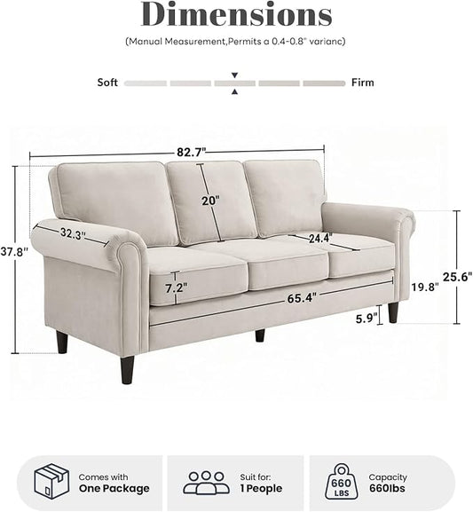 Kingfun 3 Seater Couch, Mid Century Modern Sofa with Rolled Arms and Deep Seats, Fluffy Comfort for Living Room, Apartment, Easy Assembly, Beige