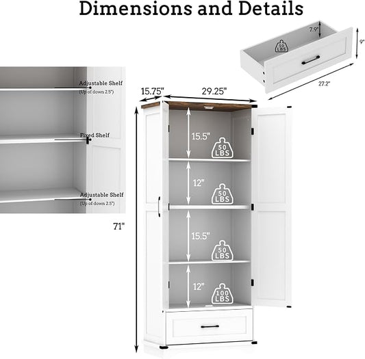 71" Farmhouse Kitchen Pantry Storage Cabinet with Drawer & 2 Barn Doors, Freestanding Cupboard with Adjustable Shelves, Modern Floor Cabinet for Kitchen, Dining Room, Living Room, White