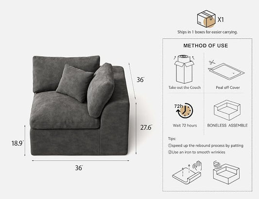 36 Inch Corner Seat | Modular Sectional Couch Sofa | Dark Grey