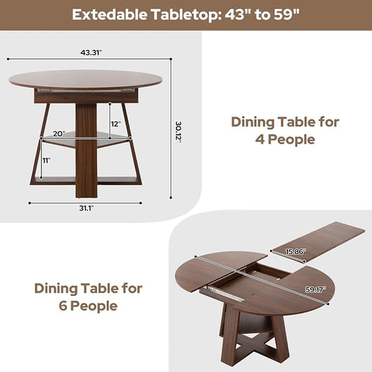 Zevemomo 43"-59" Extendable Dining Room Table for 4-6(Table only), Expandable Round Dining Table, Oval Tabletop with Cross-Shaped Base for Office, Living Room-Dark Brown