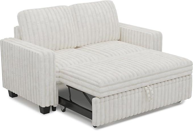Belffin Corduroy Sectional Sleeper Sofa with Pull Out Bed Modular Sectional Loveseat Sofa Bed for Living Room Beige Couch
