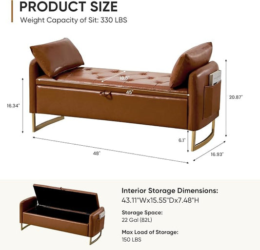 48" End of Bed Bench, Modern Storage Benches with Button-Tufted, Leather Upholstered Storage Ottoman Bench for Foot of Bed with Arms, Gold Legs Window and Entryway, Brown