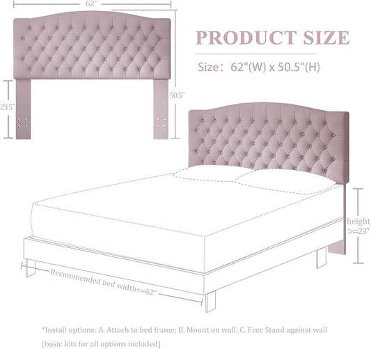 Furpopup Velvet Queen Size Headboard Only, Upholstered Wall Mount, Pink | 2 ways to use:Wall-mounted (for adjustable bed) and bed frame mounted, Easy to assemble, Classic button design headboard